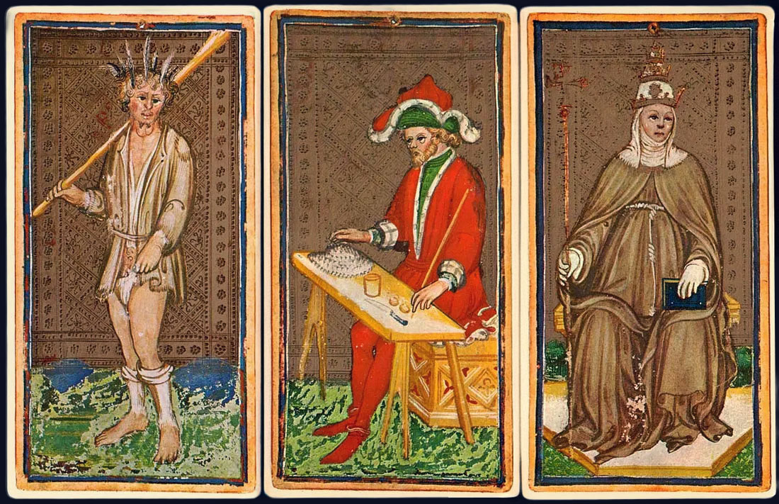 The Visconti-Sforza Tarot showing the oldest representations of The Fool, The Magician, and The High Priestess.