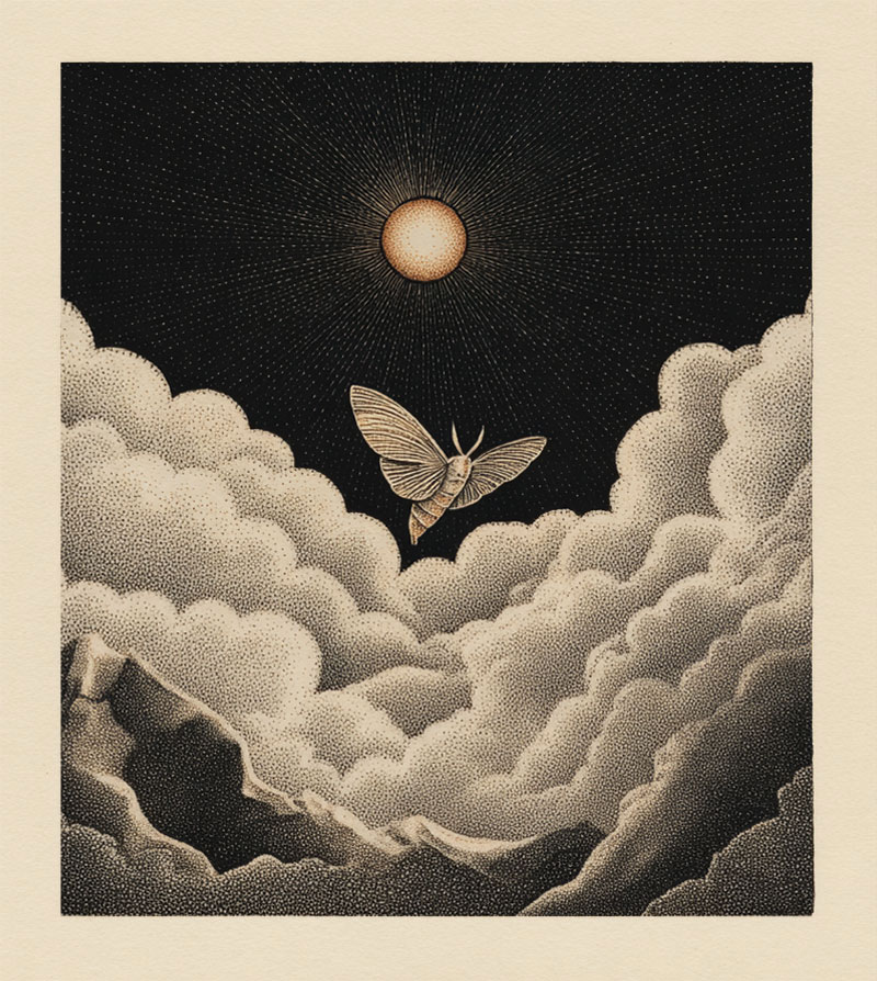 An illustration of a moth flying above the clouds, illuminated by the shining sun.