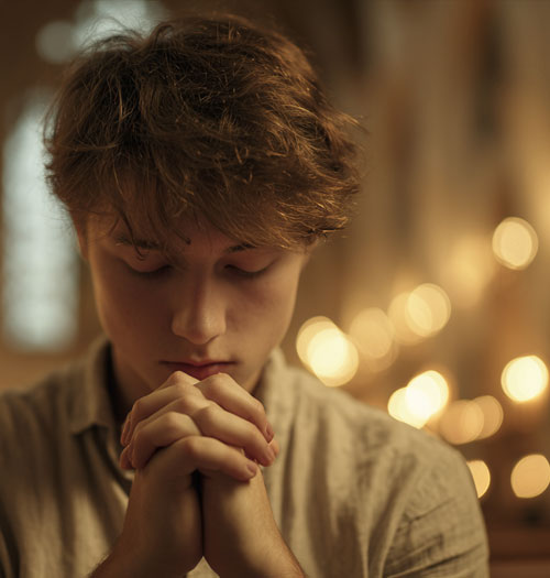 A boy prays with folded hands in a candle lit room