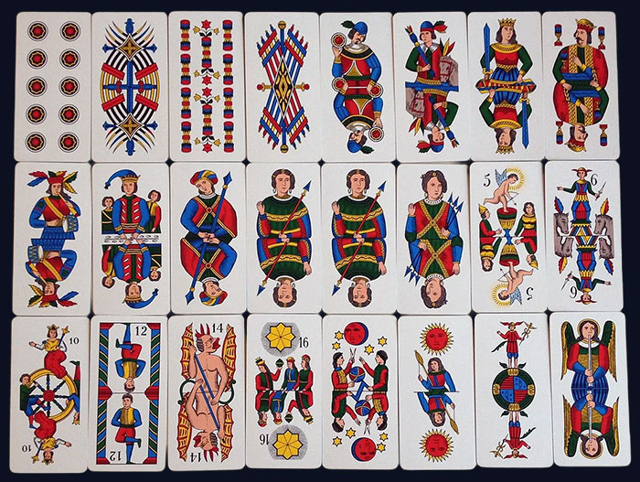 The Tarocco Bolognese deck was used in the card game Tarocchi and is shown above with representations of the Minor Arcana and its different suits (Swords, Batons, Coins, and Cups), as well as a selection of trumps, or what we now refer to as the Major Arcana.