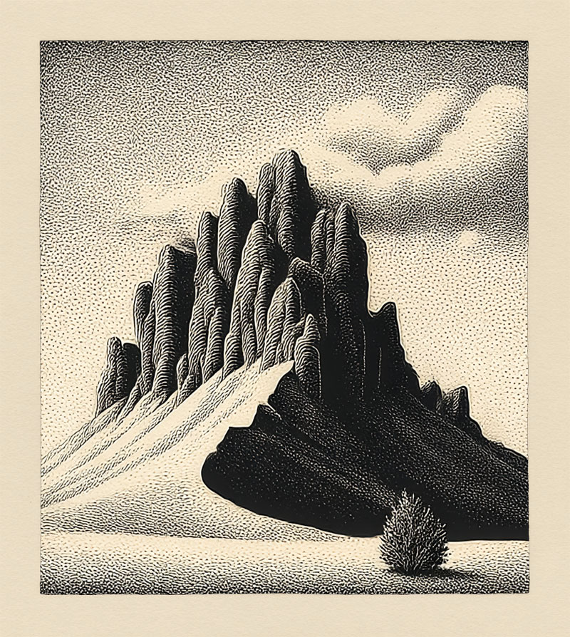 An illustration of a rocky mountain growing out of desert sand. A single bush grows to the side.
